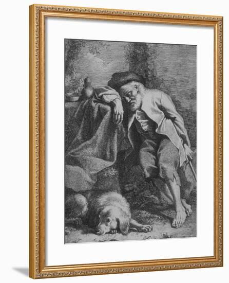 Etching by Francesco Londonio Da Napoli of Old Man Sleeping, Leaning on Table, His Dog Close By-null-Framed Photographic Print