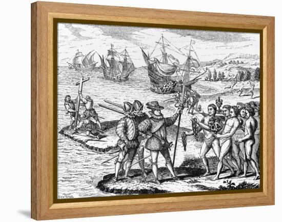 Etching of Spanish Explorers and Indigenous People-Bertrand-Framed Premier Image Canvas