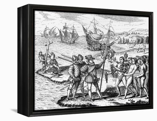 Etching of Spanish Explorers and Indigenous People-Bertrand-Framed Premier Image Canvas