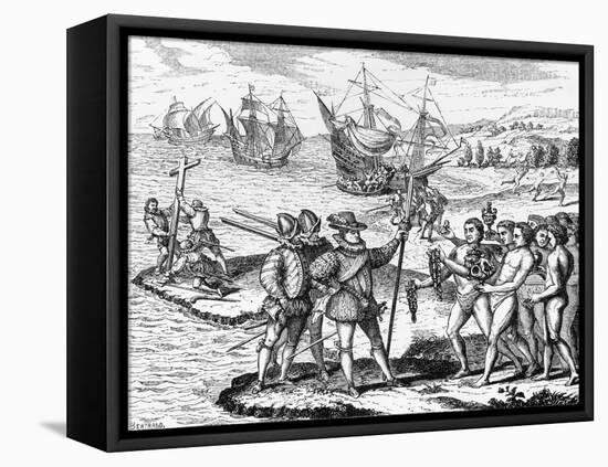 Etching of Spanish Explorers and Indigenous People-Bertrand-Framed Premier Image Canvas