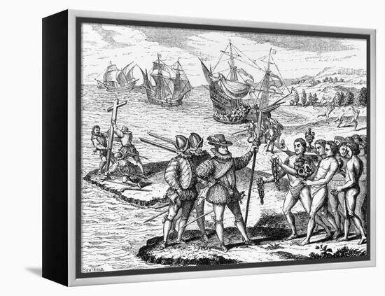 Etching of Spanish Explorers and Indigenous People-Bertrand-Framed Premier Image Canvas