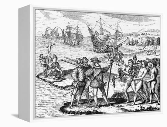 Etching of Spanish Explorers and Indigenous People-Bertrand-Framed Premier Image Canvas