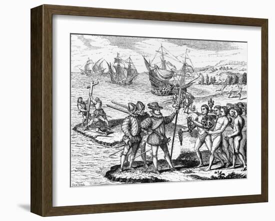 Etching of Spanish Explorers and Indigenous People-Bertrand-Framed Giclee Print