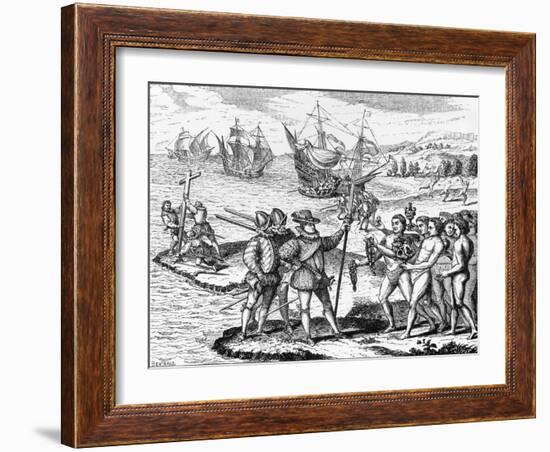 Etching of Spanish Explorers and Indigenous People-Bertrand-Framed Giclee Print