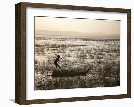 Ethiopia, Lake Awassa; a Young Boy Punts a Traditional Reed Tankwa Through the Reeds-Niels Van Gijn-Framed Photographic Print