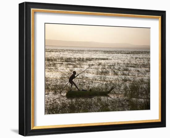 Ethiopia, Lake Awassa; a Young Boy Punts a Traditional Reed Tankwa Through the Reeds-Niels Van Gijn-Framed Photographic Print