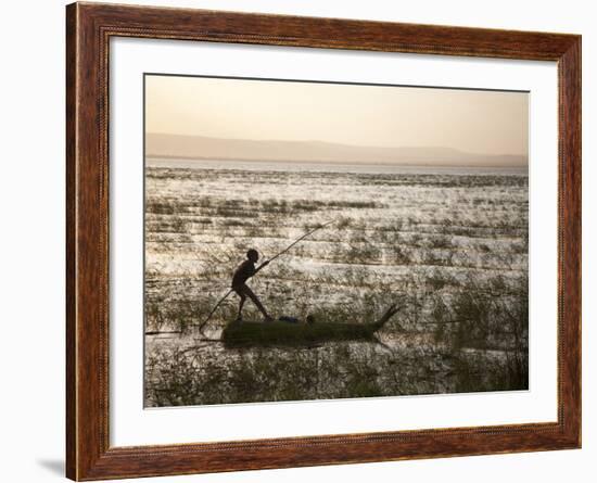 Ethiopia, Lake Awassa; a Young Boy Punts a Traditional Reed Tankwa Through the Reeds-Niels Van Gijn-Framed Photographic Print