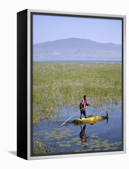 Ethiopia, Lake Awassa; a Young Boy Punts a Traditional Reed Tankwa Through the Reeds-Niels Van Gijn-Framed Premier Image Canvas