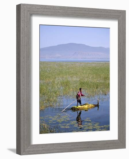 Ethiopia, Lake Awassa; a Young Boy Punts a Traditional Reed Tankwa Through the Reeds-Niels Van Gijn-Framed Photographic Print