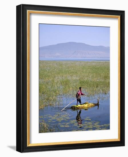 Ethiopia, Lake Awassa; a Young Boy Punts a Traditional Reed Tankwa Through the Reeds-Niels Van Gijn-Framed Photographic Print