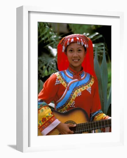 Ethnic Dancer Playing Guitar, Kunming, Yunnan Province, China-Bill Bachmann-Framed Photographic Print