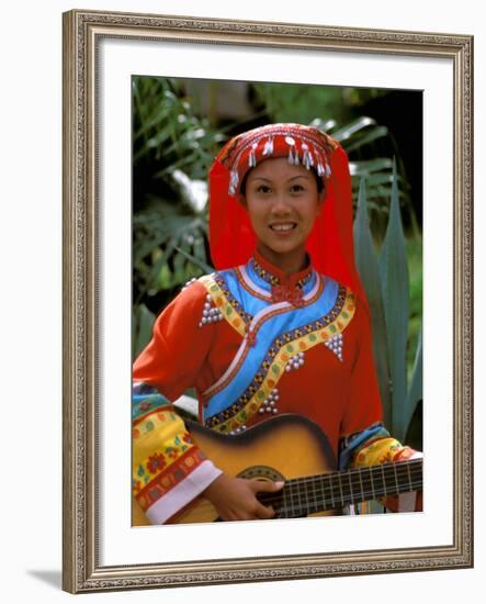 Ethnic Dancer Playing Guitar, Kunming, Yunnan Province, China-Bill Bachmann-Framed Photographic Print