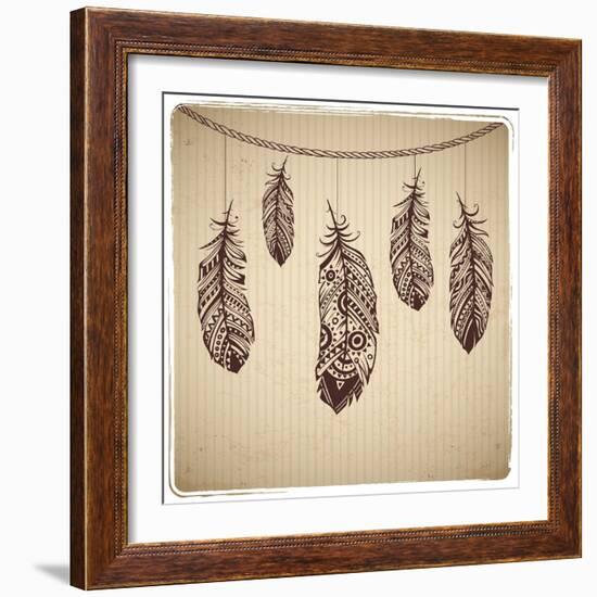 Ethnic Feather On The Cardboard Background-transiastock-Framed Art Print