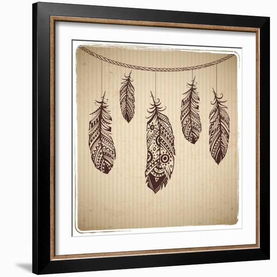 Ethnic Feather On The Cardboard Background-transiastock-Framed Art Print