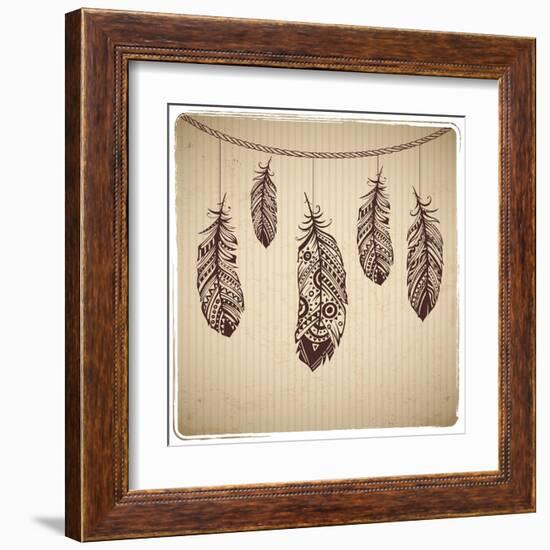 Ethnic Feather On The Cardboard Background-transiastock-Framed Art Print