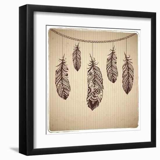 Ethnic Feather On The Cardboard Background-transiastock-Framed Art Print