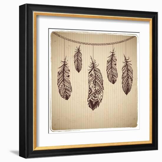 Ethnic Feather On The Cardboard Background-transiastock-Framed Art Print