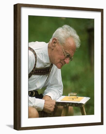 Ethologist Karl Von Frisch Testing the Ability of Bees to Perceive Color in His Home Garden-Nina Leen-Framed Premium Photographic Print