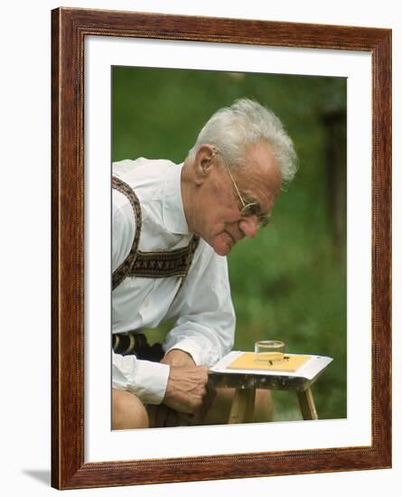 Ethologist Karl Von Frisch Testing the Ability of Bees to Perceive Color in His Home Garden-Nina Leen-Framed Premium Photographic Print