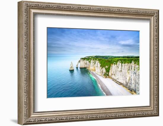 Etretat Aval Cliff, Rocks and Natural Arch Landmark and Blue Ocean. Aerial View. Normandy, France,-stevanzz-Framed Photographic Print