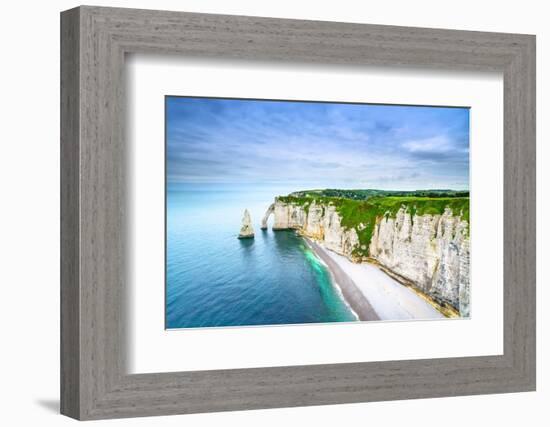Etretat Aval Cliff, Rocks and Natural Arch Landmark and Blue Ocean. Aerial View. Normandy, France,-stevanzz-Framed Photographic Print
