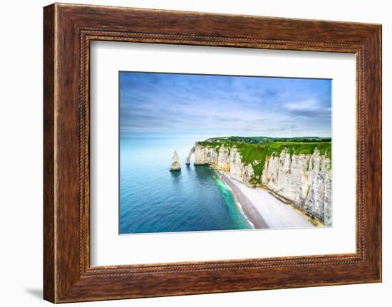 Etretat Aval Cliff, Rocks and Natural Arch Landmark and Blue Ocean. Aerial View. Normandy, France,-stevanzz-Framed Photographic Print