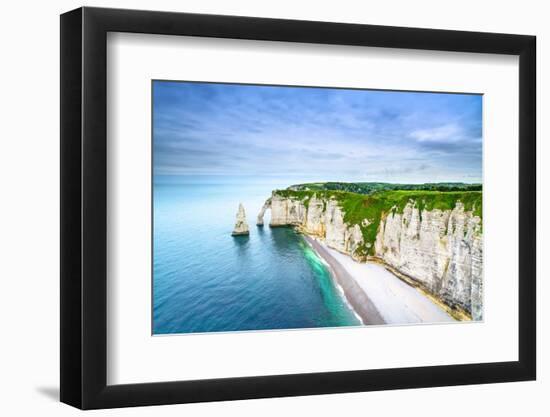 Etretat Aval Cliff, Rocks and Natural Arch Landmark and Blue Ocean. Aerial View. Normandy, France,-stevanzz-Framed Photographic Print