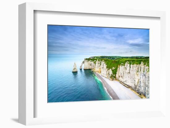 Etretat Aval Cliff, Rocks and Natural Arch Landmark and Blue Ocean. Aerial View. Normandy, France,-stevanzz-Framed Photographic Print