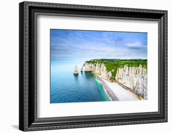 Etretat Aval Cliff, Rocks and Natural Arch Landmark and Blue Ocean. Aerial View. Normandy, France,-stevanzz-Framed Photographic Print