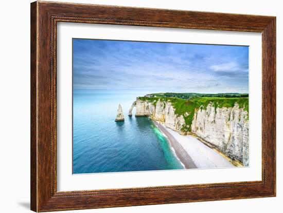 Etretat Aval Cliff, Rocks and Natural Arch Landmark and Blue Ocean-stevanzz-Framed Photographic Print