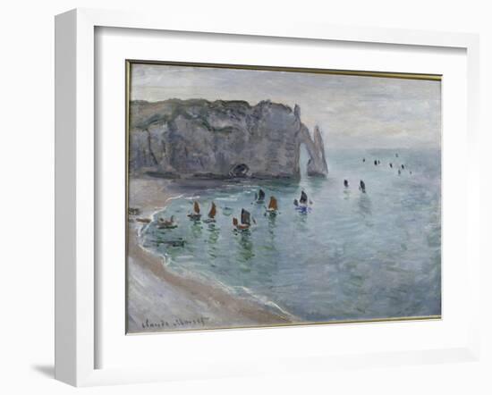 Etretat, la porte d'Aval : bateau de pêche sortant du port-Claude Monet-Framed Giclee Print