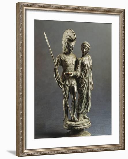 Etruscan Sculptural Group Representing Young Woman Offering Libation Phiale to Warrior-null-Framed Giclee Print