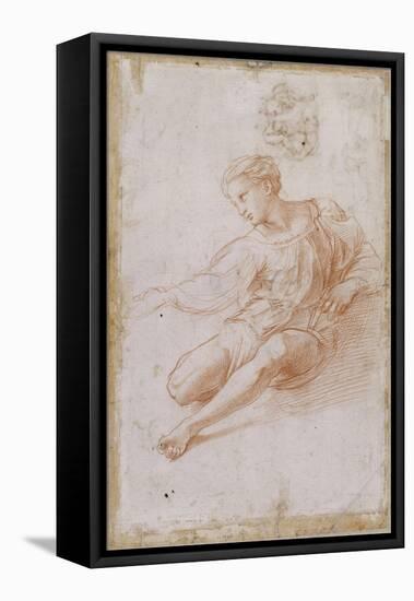 Etude pour la Madone d'Albe. Homme assis vêtu d'une chemise, jambes nues-Raffaello Sanzio-Framed Premier Image Canvas
