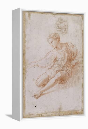 Etude pour la Madone d'Albe. Homme assis vêtu d'une chemise, jambes nues-Raffaello Sanzio-Framed Premier Image Canvas