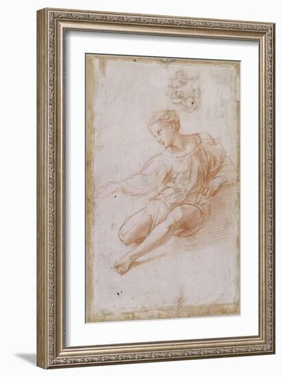 Etude pour la Madone d'Albe. Homme assis vêtu d'une chemise, jambes nues-Raffaello Sanzio-Framed Giclee Print