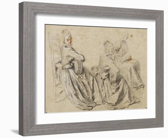 Etudes de femme jouant de la guitare ou tenant une partititon-Jean Antoine Watteau-Framed Giclee Print