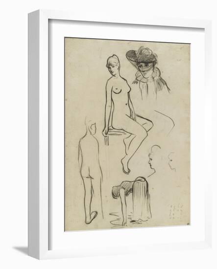 Etudes de nus féminins, d'une femme courbée, d'un buste de femme chapeautée-Paul Gauguin-Framed Giclee Print