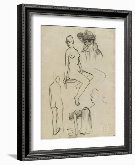 Etudes de nus féminins, d'une femme courbée, d'un buste de femme chapeautée-Paul Gauguin-Framed Giclee Print