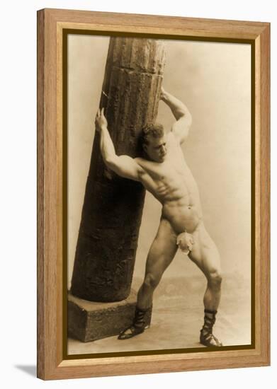 Eugen Sandow Holding a Pillar, in Classical Ancient Greco-Roman Pose, C.1897-null-Framed Premier Image Canvas