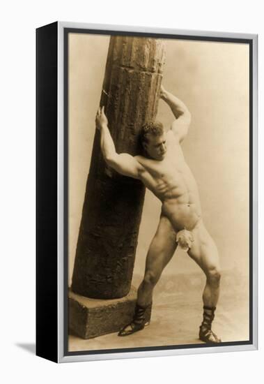 Eugen Sandow Holding a Pillar, in Classical Ancient Greco-Roman Pose, C.1897-null-Framed Premier Image Canvas