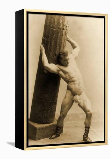 Eugen Sandow Holding a Pillar, in Classical Ancient Greco-Roman Pose, C.1897-null-Framed Premier Image Canvas