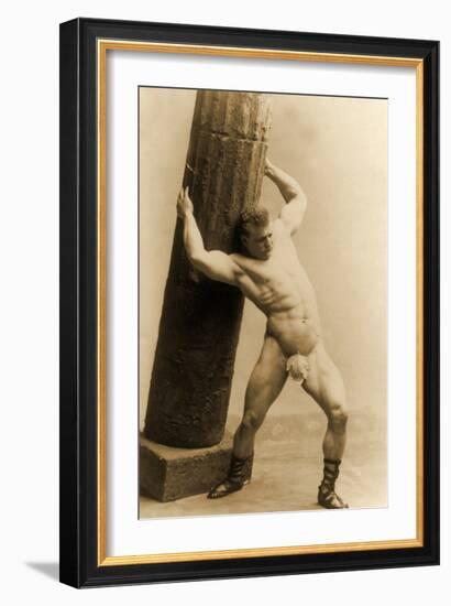 Eugen Sandow Holding a Pillar, in Classical Ancient Greco-Roman Pose, C.1897--Framed Photographic Print