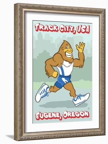 Eugene, Oregon, Bigfoot Jogging, Track City USA-Lantern Press-Framed Art Print