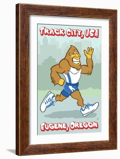 Eugene, Oregon, Bigfoot Jogging, Track City USA-Lantern Press-Framed Art Print