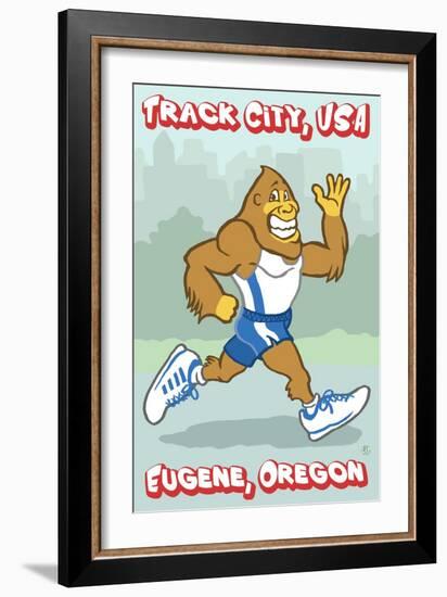 Eugene, Oregon, Bigfoot Jogging, Track City USA-Lantern Press-Framed Art Print