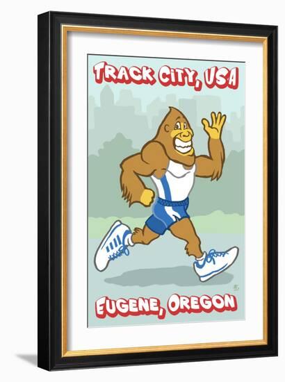 Eugene, Oregon, Bigfoot Jogging, Track City USA-Lantern Press-Framed Art Print