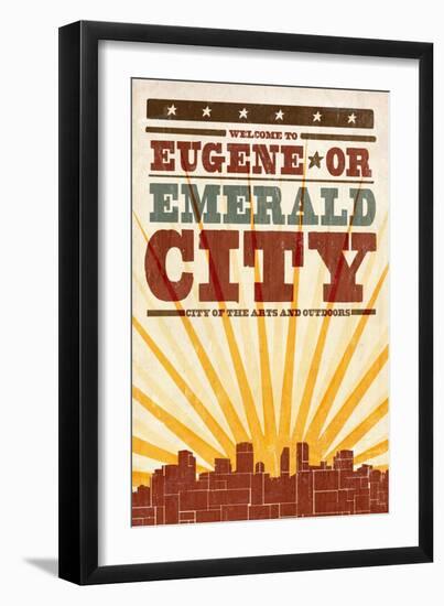 Eugene, Oregon - Skyline and Sunburst Screenprint Style-Lantern Press-Framed Art Print
