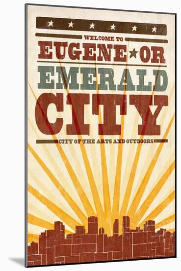 Eugene, Oregon - Skyline and Sunburst Screenprint Style-Lantern Press-Mounted Art Print