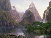 Native Figures, Milford Sound, New Zealand, Also Depicted Are Mitre Peak and Bowens Fall, 1892-Eugene Von Guerard-Framed Giclee Print