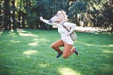 Young Hipster Horse Mask Woman in the Woodland Autumn-Eugenio Marongiu-Laminated Photographic Print